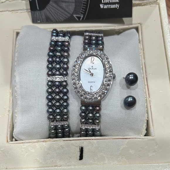 Croton Black Bead Watch and Bracelet Set with Silver Crystal Accents